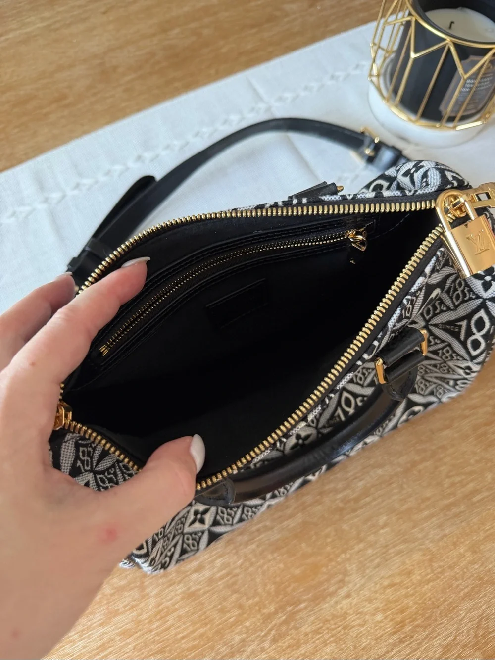LV Black & White Monogram Jacquard Satchel with Gold Hardware